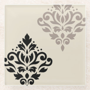 Scroll Damask Art I Black Taupe Cream Glass Coaster