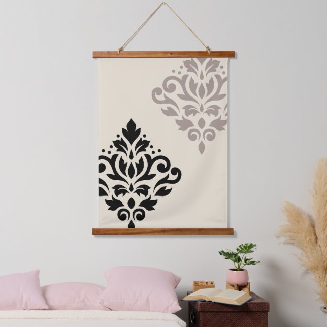 Scroll Damask Art I Black Taupe Cream Hanging Tapestry (Bedroom)