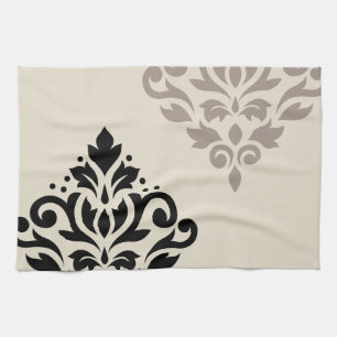 Scroll Damask Art I Black Taupe Cream Kitchen Towel