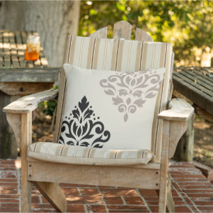 Scroll Damask Art I Black Taupe Cream Outdoor Pillow
