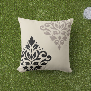 Scroll Damask Art I Black Taupe Cream Outdoor Pillow