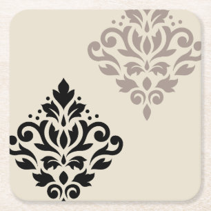Scroll Damask Art I Black Taupe Cream Square Paper Coaster