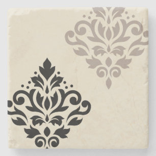 Scroll Damask Art I Black Taupe Cream Stone Coaster