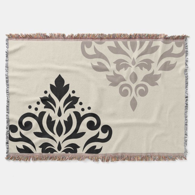 Scroll Damask Art I Black Taupe Cream Throw Blanket (Front)