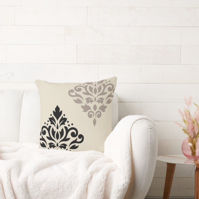Scroll Damask Art I Black Taupe Cream Throw Pillow (Couch)