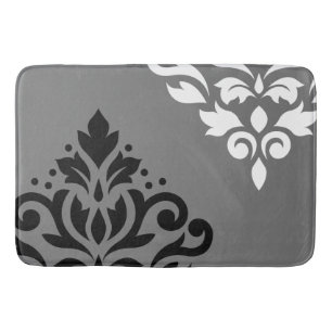 Scroll Damask Art I Black & White on Grey Bath Mat