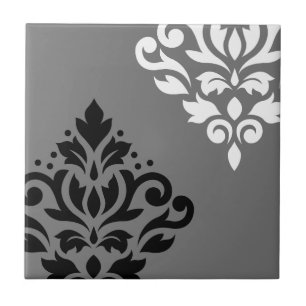 Scroll Damask Art I Black & White on Grey Tile