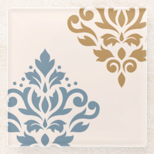 Scroll Damask Art I Blue Gold Cream Glass Coaster