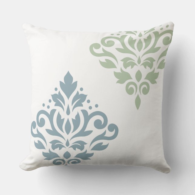 Scroll Damask Art I Blue Green White Throw Pillow (Front)