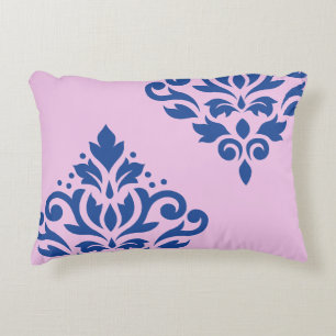 Scroll Damask Art I Blue on Pink Accent Pillow