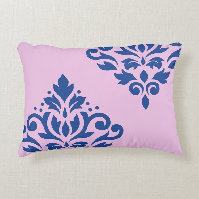 Scroll Damask Art I Blue on Pink Accent Pillow (Front)