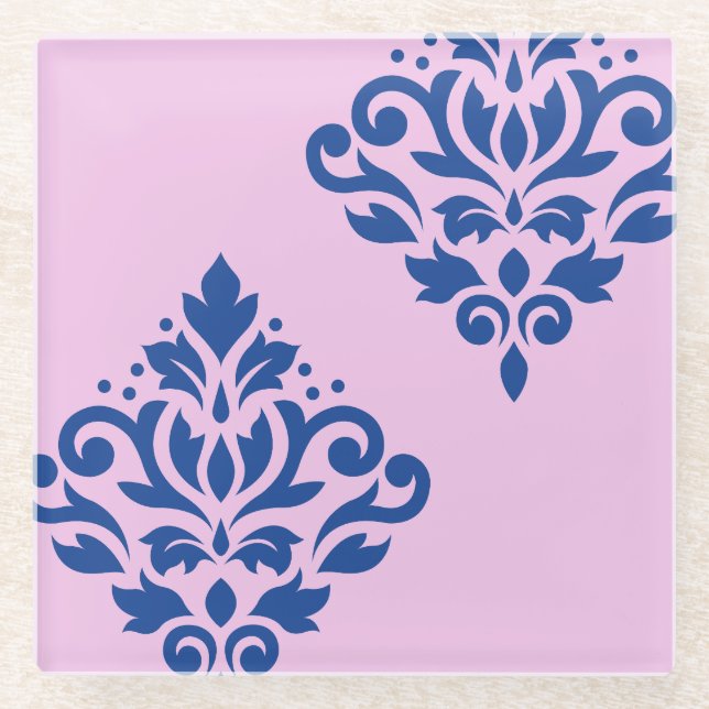 Scroll Damask Art I Blue on Pink Glass Coaster (Front)
