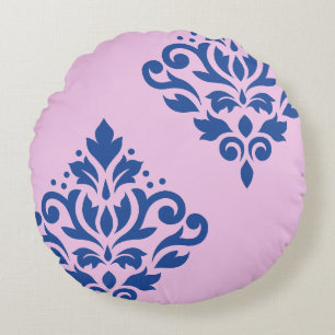 Scroll Damask Art I Blue on Pink Round Pillow