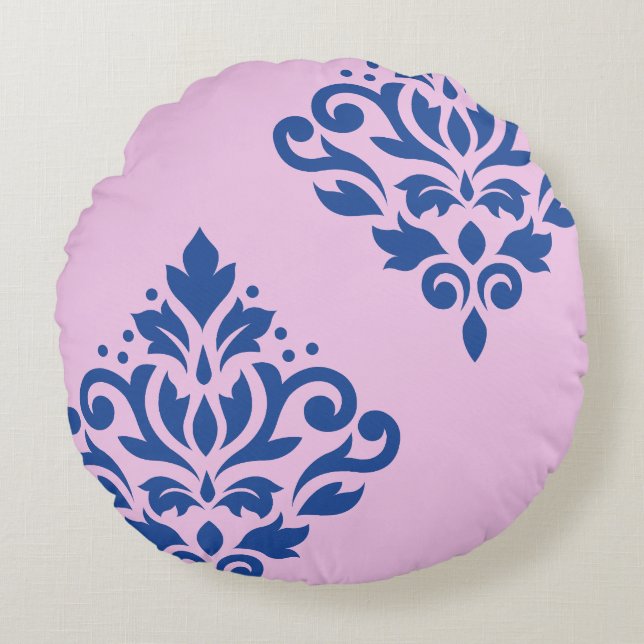 Scroll Damask Art I Blue on Pink Round Pillow (Front)