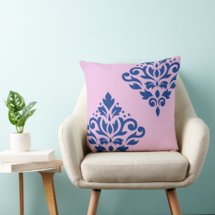 Scroll Damask Art I Blue on Pink Throw Pillow