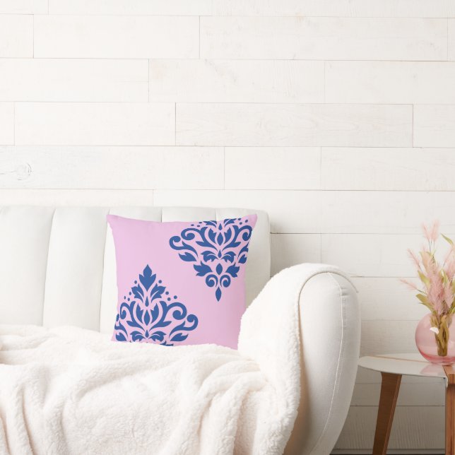 Scroll Damask Art I Blue on Pink Throw Pillow (Couch)