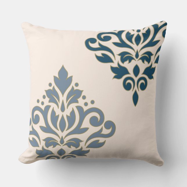 Scroll Damask Art I Blues Gold (line) Cream Throw Pillow (Front)