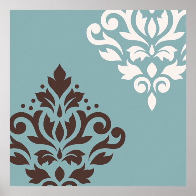 Scroll Damask Art I Brown Cream Teal Poster (Front)