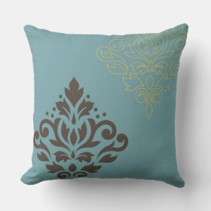 Scroll Damask Art I Brown Gold (line) Teal Throw Pillow