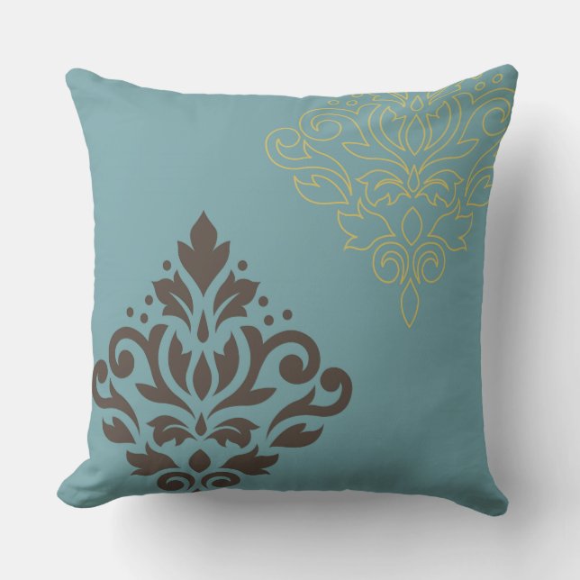 Scroll Damask Art I Brown Gold (line) Teal Throw Pillow (Front)