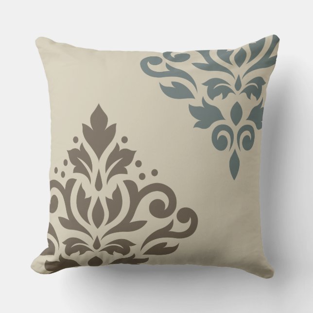 Scroll Damask Art I Brown Teal-Grey Sand Throw Pillow (Front)