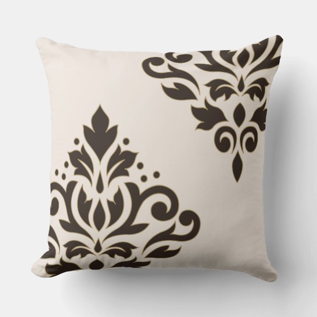 Scroll Damask Art I Brown with Gold on Cream Throw Pillow (Front)