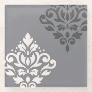 Scroll Damask Art I Cream & Greys Glass Coaster