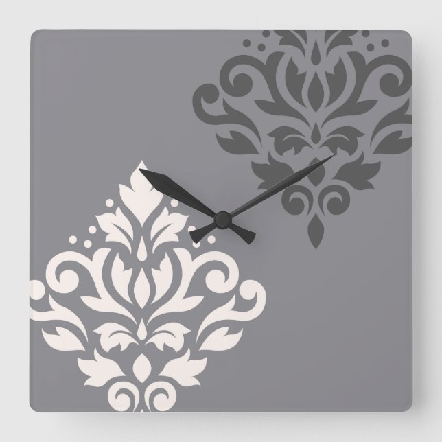 Scroll Damask Art I Cream & Greys Square Wall Clock (Front)