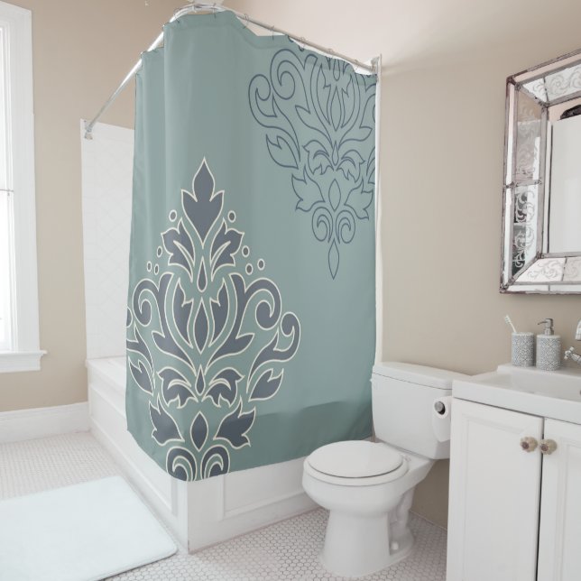 Scroll Damask Art I Cream Line Blues Teal (In Situ)