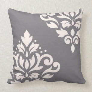 Scroll Damask Art I Cream on Grey Throw Pillow