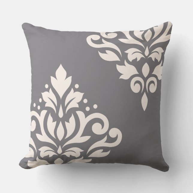 Scroll Damask Art I Cream on Grey Throw Pillow (Front)