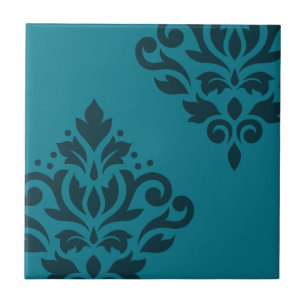 Scroll Damask Art I Dark on Mid-Teal Tile