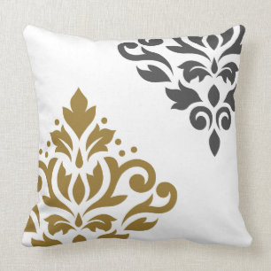 Scroll Damask Art I Gold & Grey on White Throw Pillow