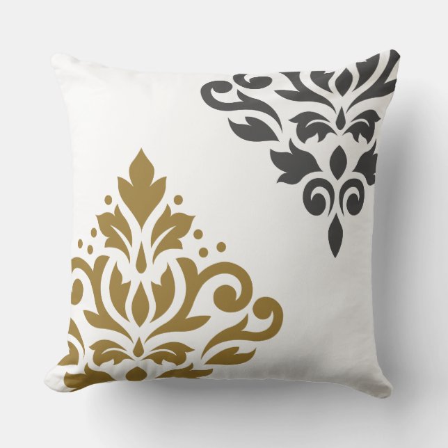 Scroll Damask Art I Gold & Grey on White Throw Pillow (Front)