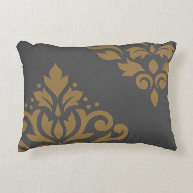 Scroll Damask Art I Gold on Grey Accent Pillow (Front)
