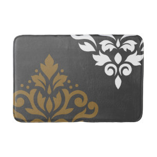 Scroll Damask Art I Gold & White on Grey Bath Mat