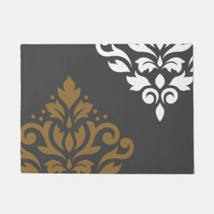 Scroll Damask Art I Gold & White on Grey Doormat