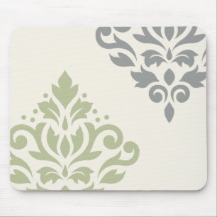 Scroll Damask Art I Green Grey Cream Mouse Pad
