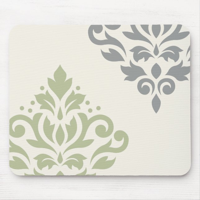Scroll Damask Art I Green Grey Cream Mouse Pad (Front)