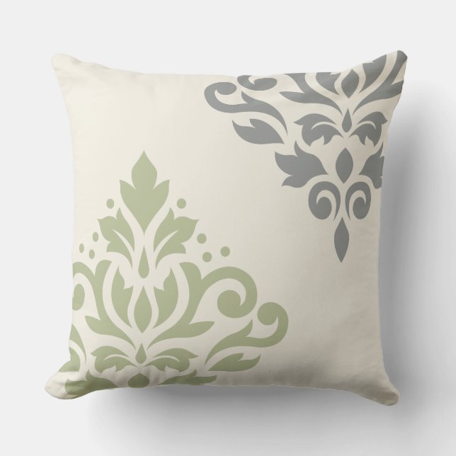 Scroll Damask Art I Green Grey Cream Throw Pillow (Front)