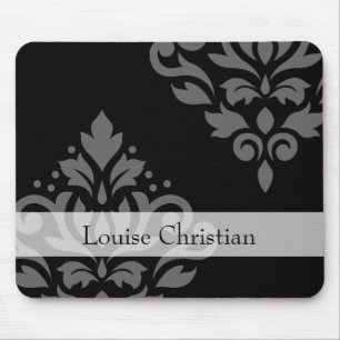 Scroll Damask Art I Grey on Black (Personalized) Mouse Pad
