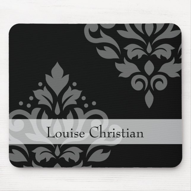 Scroll Damask Art I Grey on Black (Personalized) Mouse Pad (Front)