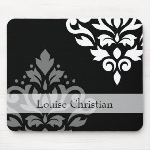 Scroll Damask Art I Grey+Wt on Blk (Personalized) Mouse Pad