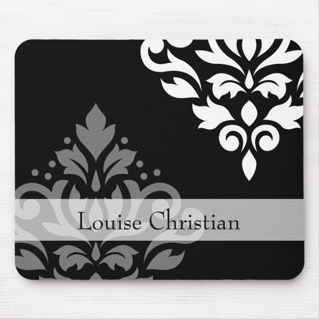 Scroll Damask Art I Grey+Wt on Blk (Personalized) Mouse Pad (Front)