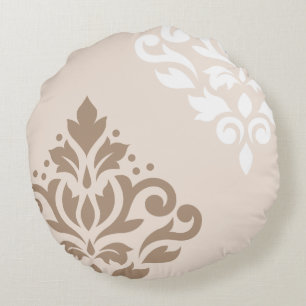 Scroll Damask Art I Light Taupe & White on Cream Round Pillow