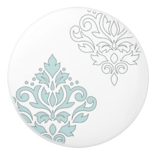 Scroll Damask Art I (line) Duck Egg Blue Grey Wt Ceramic Knob