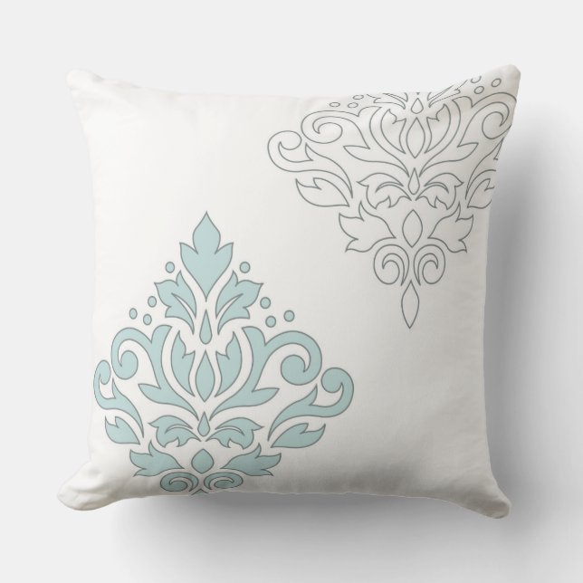 Scroll Damask Art I (line) Duck Egg Blue Grey Wt Throw Pillow (Front)