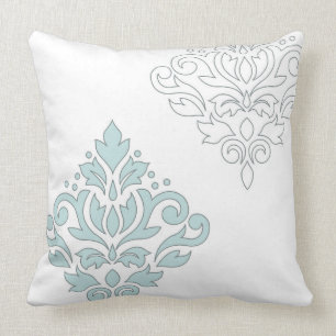 Scroll Damask Art I (line) Duck Egg Blue Grey Wt Throw Pillow