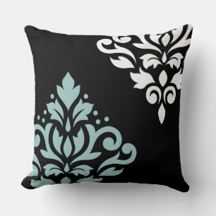 Scroll Damask Art I Lt Teal & Wt on Blk Throw Pillow
