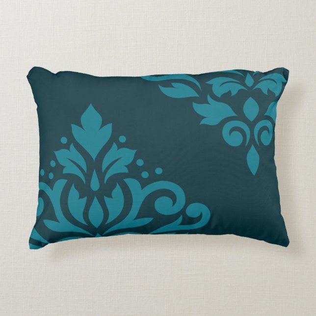 Scroll Damask Art I Mid-Teal on Dark Teal Accent Pillow (Front)